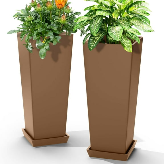 24-Inch Tall Planters Set of 2 for Outdoor and Indoor Use,Tapered Flower Pots with Drainage Tray, Front Porch and Patio Decor,Ideal for Large Plants (Brown)