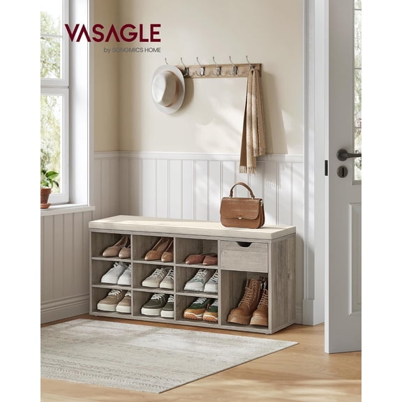 Storage Bench with Cushion and Drawer - Entryway Organizer for Living Room, Bedroom, Closet - Heather Greige and Cappuccino Beige