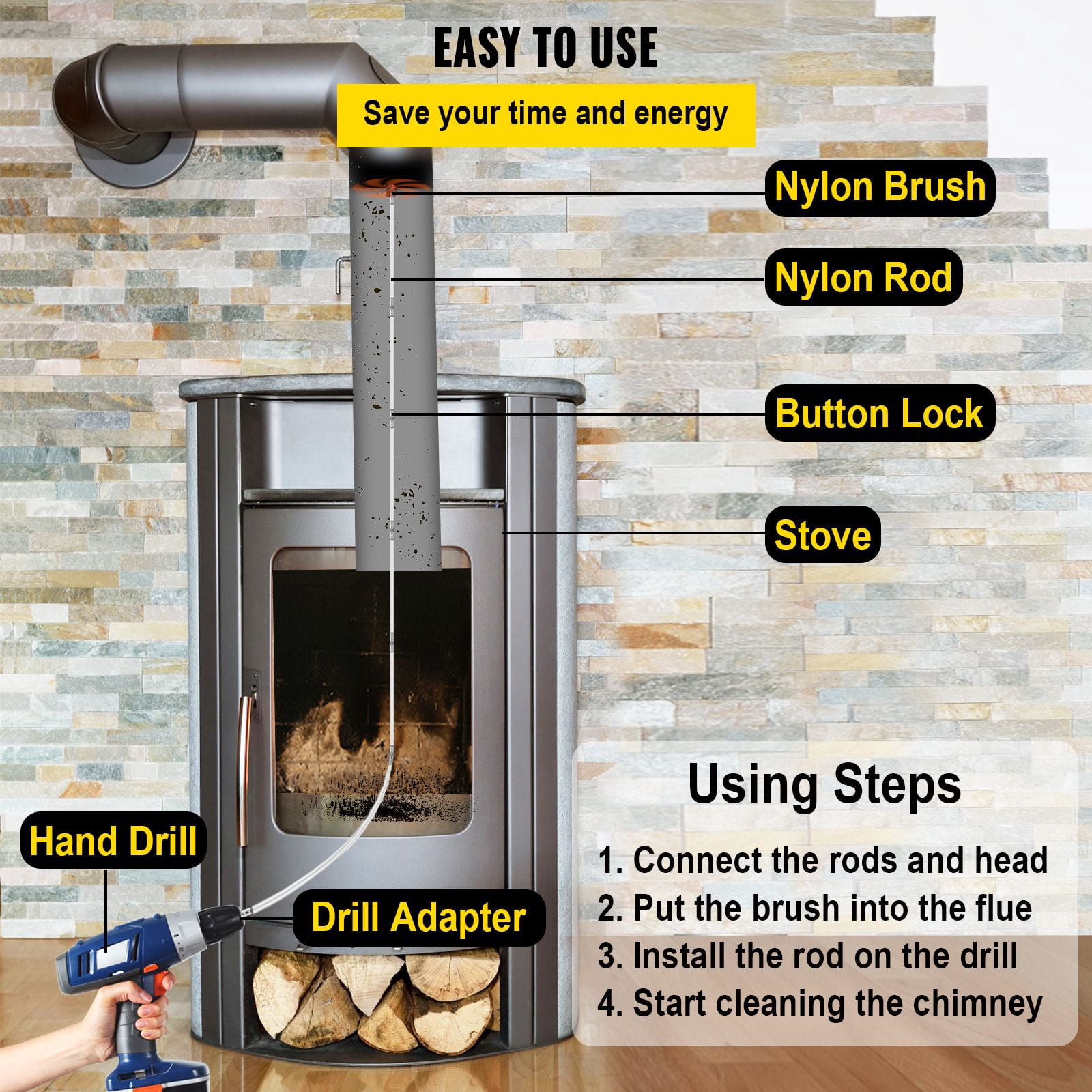 Chimney Sweep Kit, 33 ft Long, 10 Nylon Rods, Flexible Brush Head, Quick Locking System, for Metal Flues & Brick Chimneys, Square, Rectangle & Arch Shapes