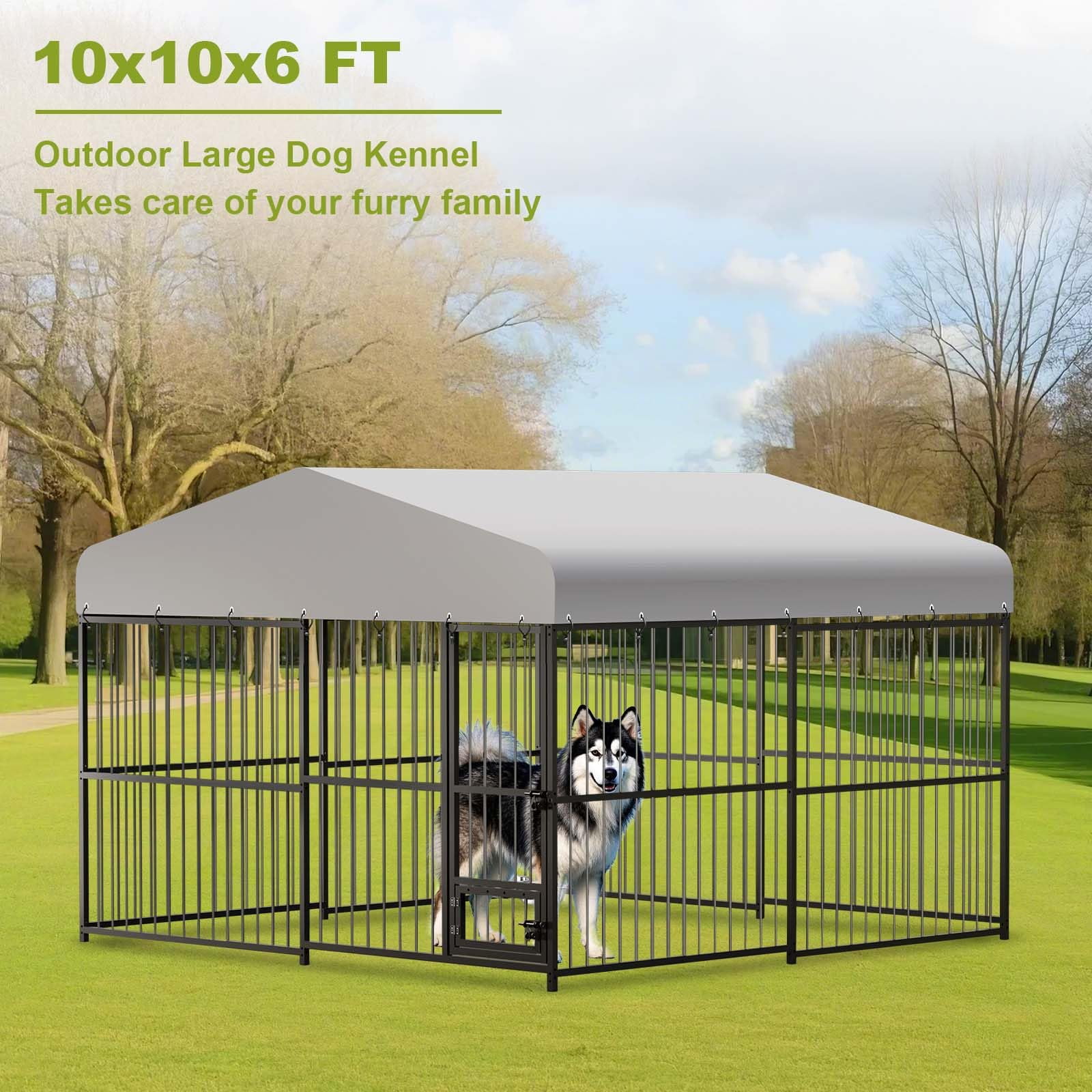 Kojooin Large Dog Kennel Outside,10x10x6 FT Heavy-Duty Outdoor Cage with Roof and Lock,Covered Outside Kennel,for Medium and Large Dogs,Easy Assembly