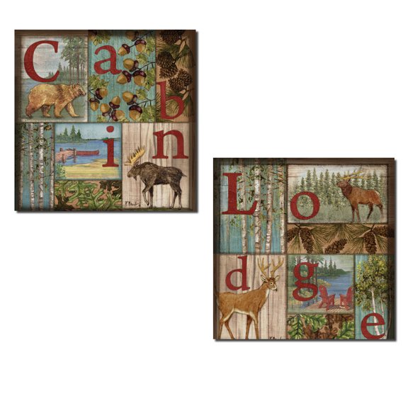 Cabin and Lodge Collage Style Moose Bear Deer Acorn and Pine Cone Prints; Two 12x12in Poster Print