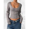 thumbnail image 6 of Women Deep V Neck Knitted Crop Sweater Top Casual Solid Slim Fit Long Sleeve Ribbed Pullover Jumper Tops Gray XL, 6 of 10