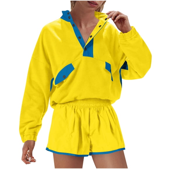 Long Sleeve Hoodies Sweatsuit Women's Two Piece Short Sweatsuits Summer Sets Color Block Long Sleeve Shorts Outfits Travel Tracksuit with Pockets Active Wear Suits Yellow M