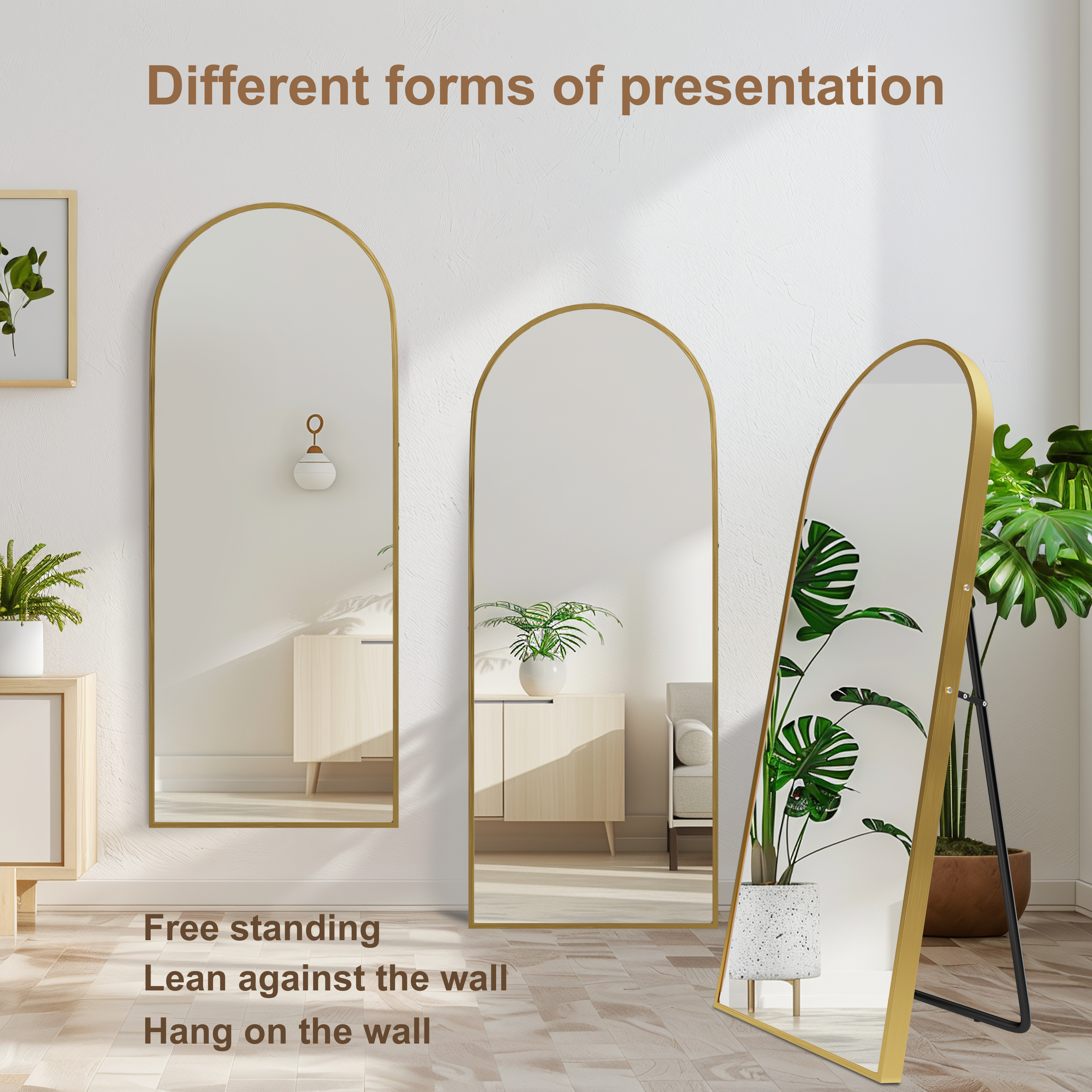 MAYEERTY 64"x21.25" Modern Arched Aluminum Alloy Frame Full Length Mirror Floor Mirror with Stand,Gold