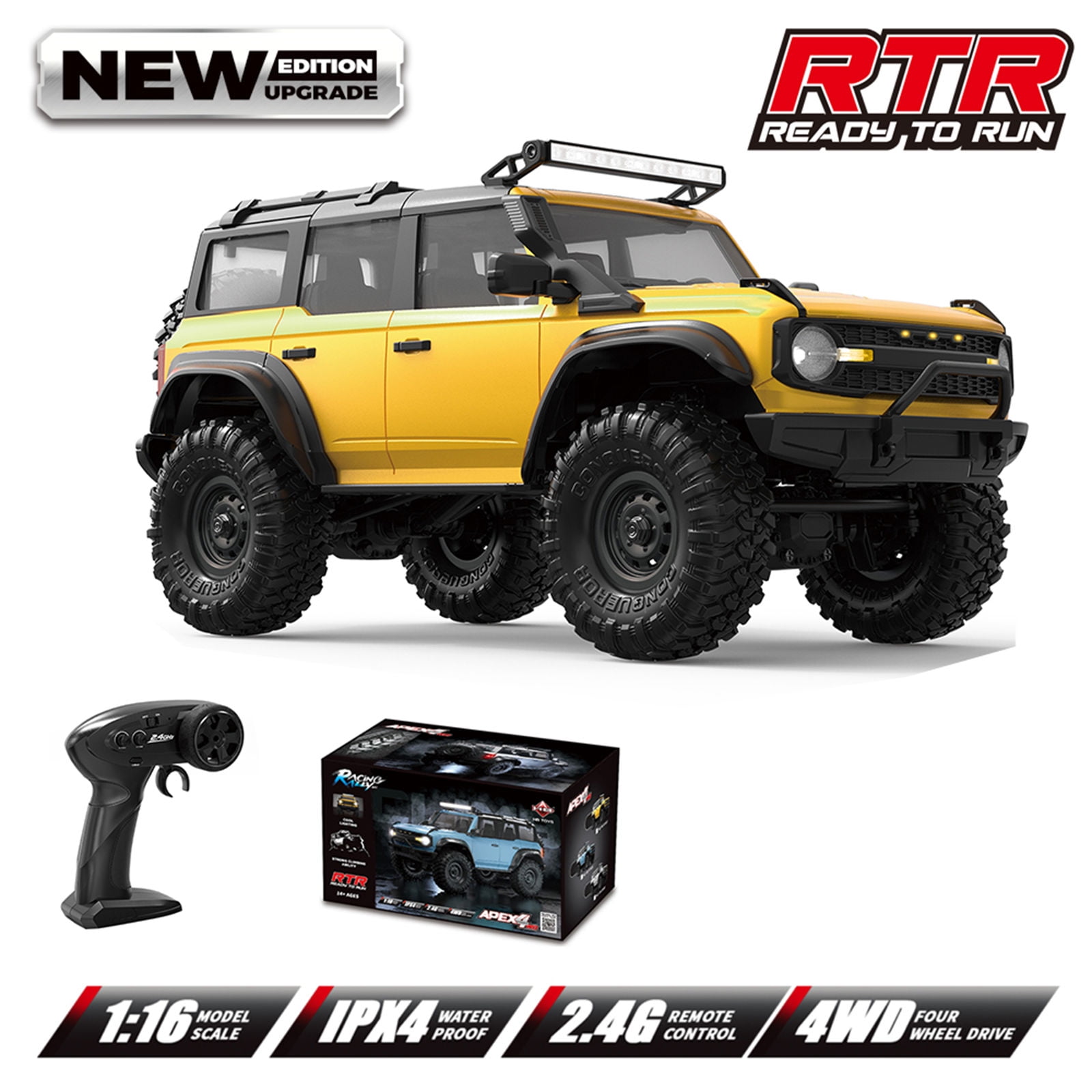 Remote Control Truck 1/16 Scale Offroads Play Vehicle with LED Roof Head Lamp Adult Outdoor Competitive Toy 4Wheel Drive