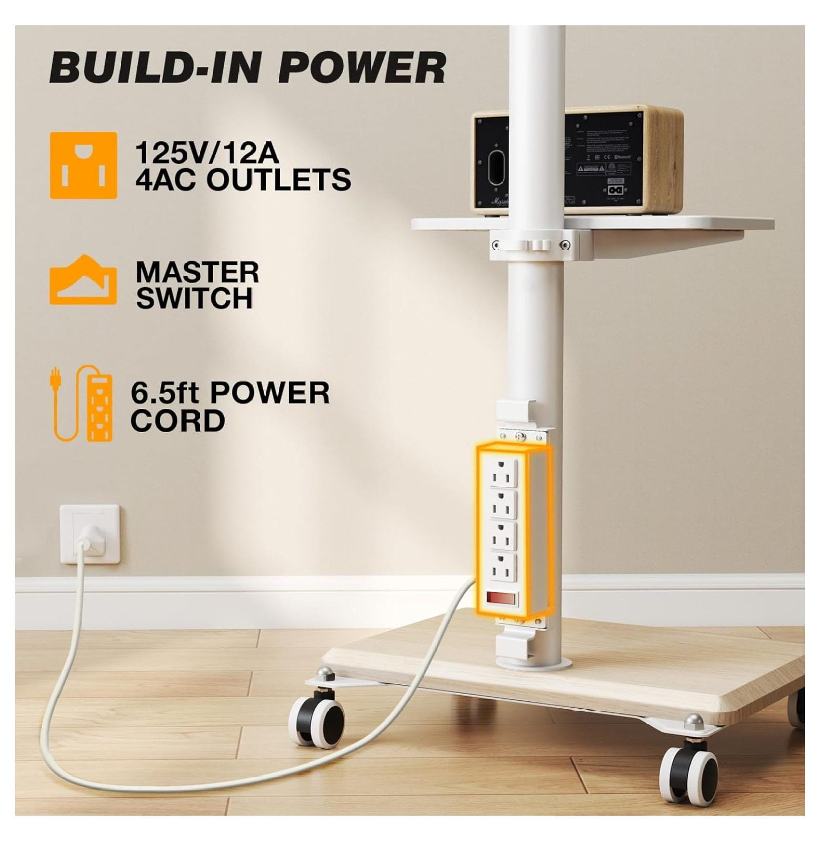 Rolling TV Stand with Power Outlet for 32-60 inch TVs, Swivel and Height Adjustable Mobile TV Stand with Shelf, Strong TV Cart on Wheels up to 88 lbs for Living Room, Bedroom and Office, White