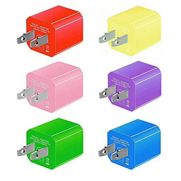 Portable 5V USB Charger [6-PACK] Replacement USB Wall Charger for iPhone, Rapid 1.0A Output Compatible for iPhone iPad iPod Google Pixel Nexus HTC LG Nokia - Random Color Edition (Family Bundle)