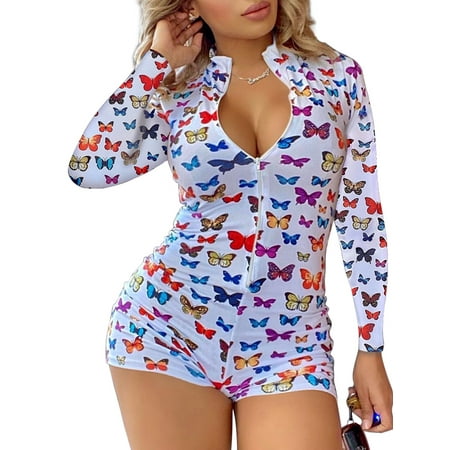 Emmababy Women Deep V Neck Butterfly Print Long Sleeve Jumpsuit Sleepwear One Piece Bodysuit Romper Overall Pajama