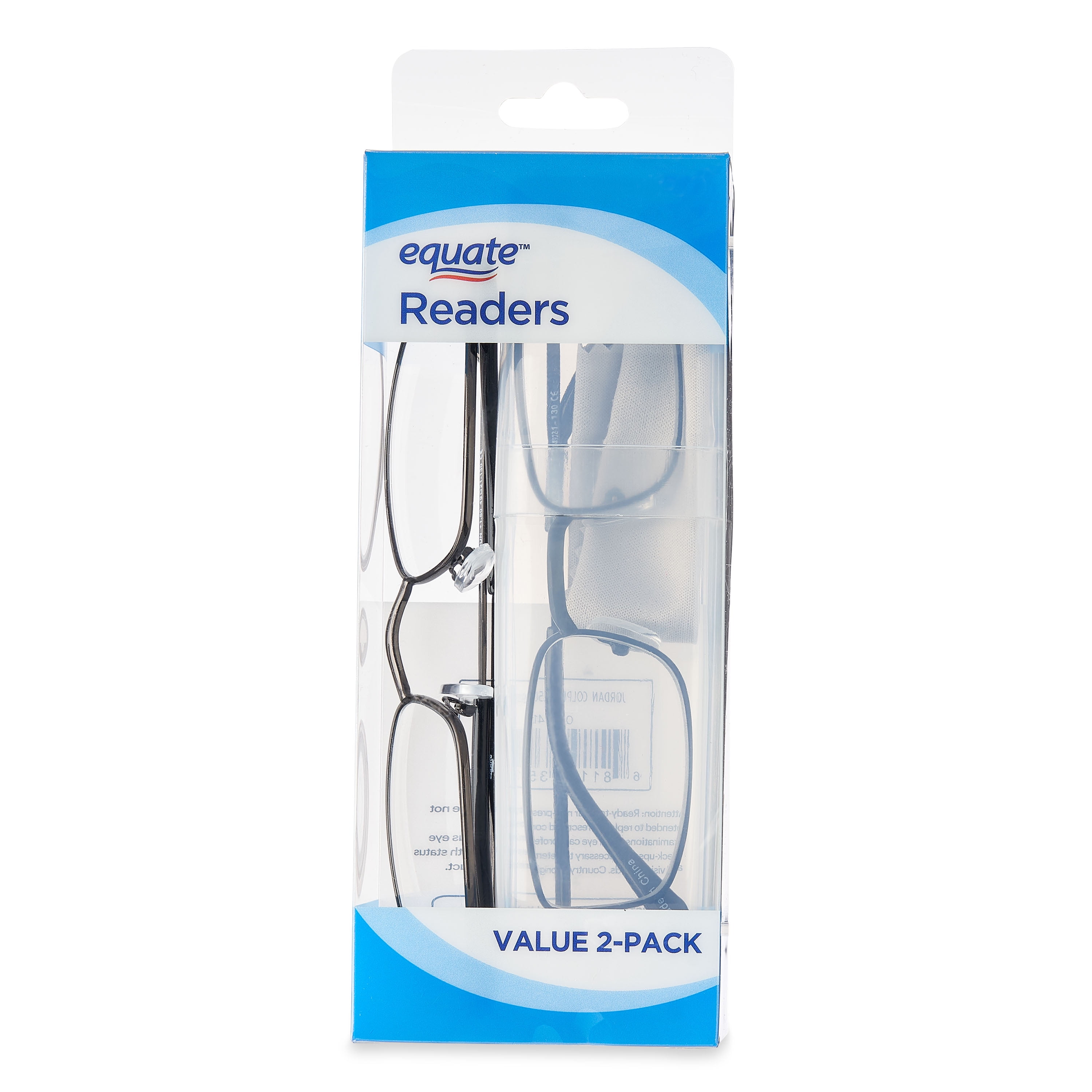 (2 pack) Equate Unisex Jordan Rectangular Reading Glasses with Case, Black/Gunmetal, +1.50, 2 Pack