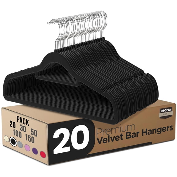 Utopia Home Premium Velvet Hangers 20 Pack - Non-Slip Clothes Hanger with Tie Bar - Black Hangers with 360 Degree Rotatable Hook - Heavy Duty Coat Hanger
