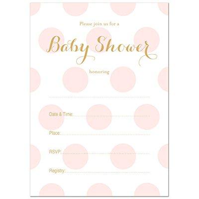 24 Polka Dots Gold Fill In Baby Shower Invitations Pink