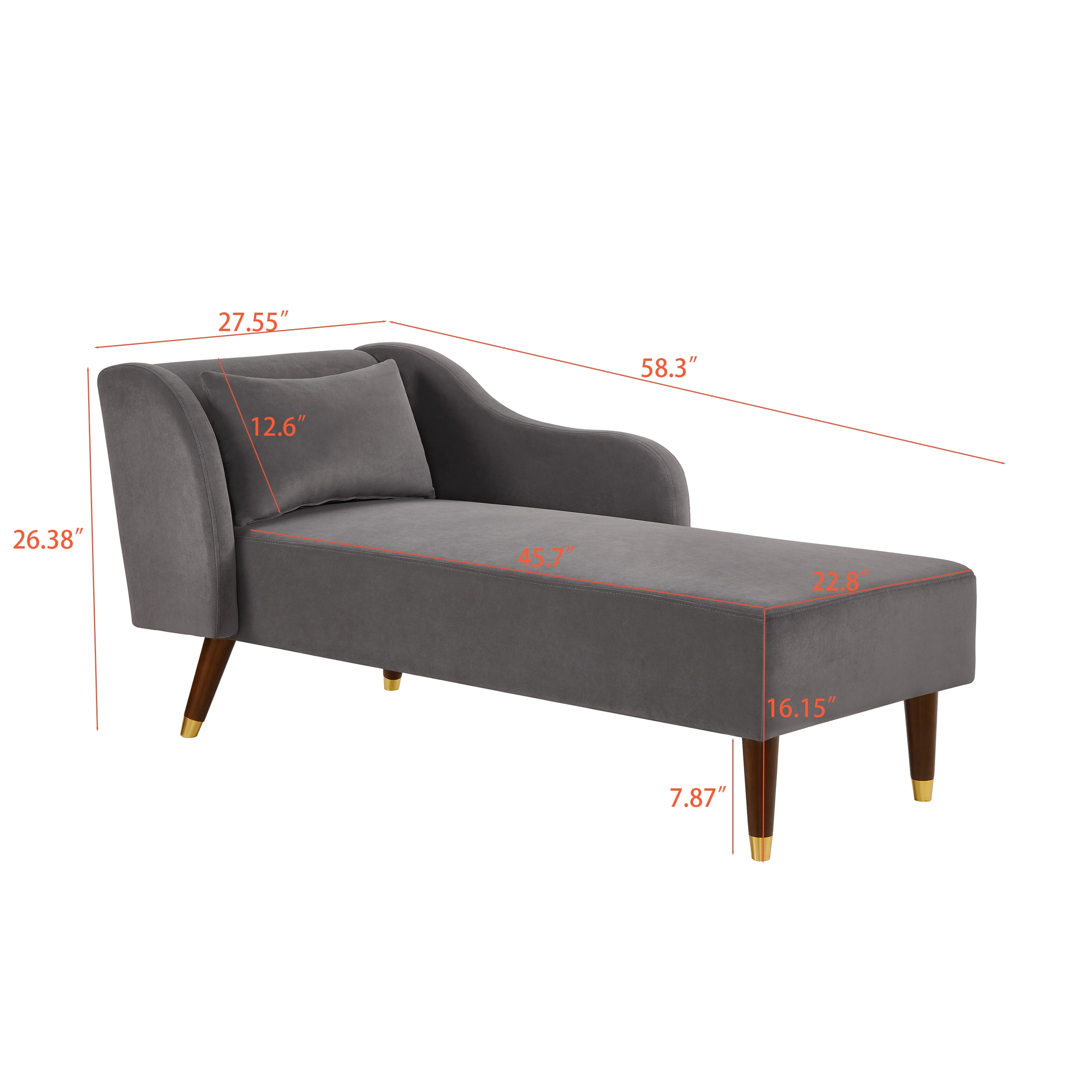 Miniyam Velvet Chaise Lounge, Upholstery Accent Chaise Chair with Pillow for Living Room Bedroom, Left Armrest, Gray