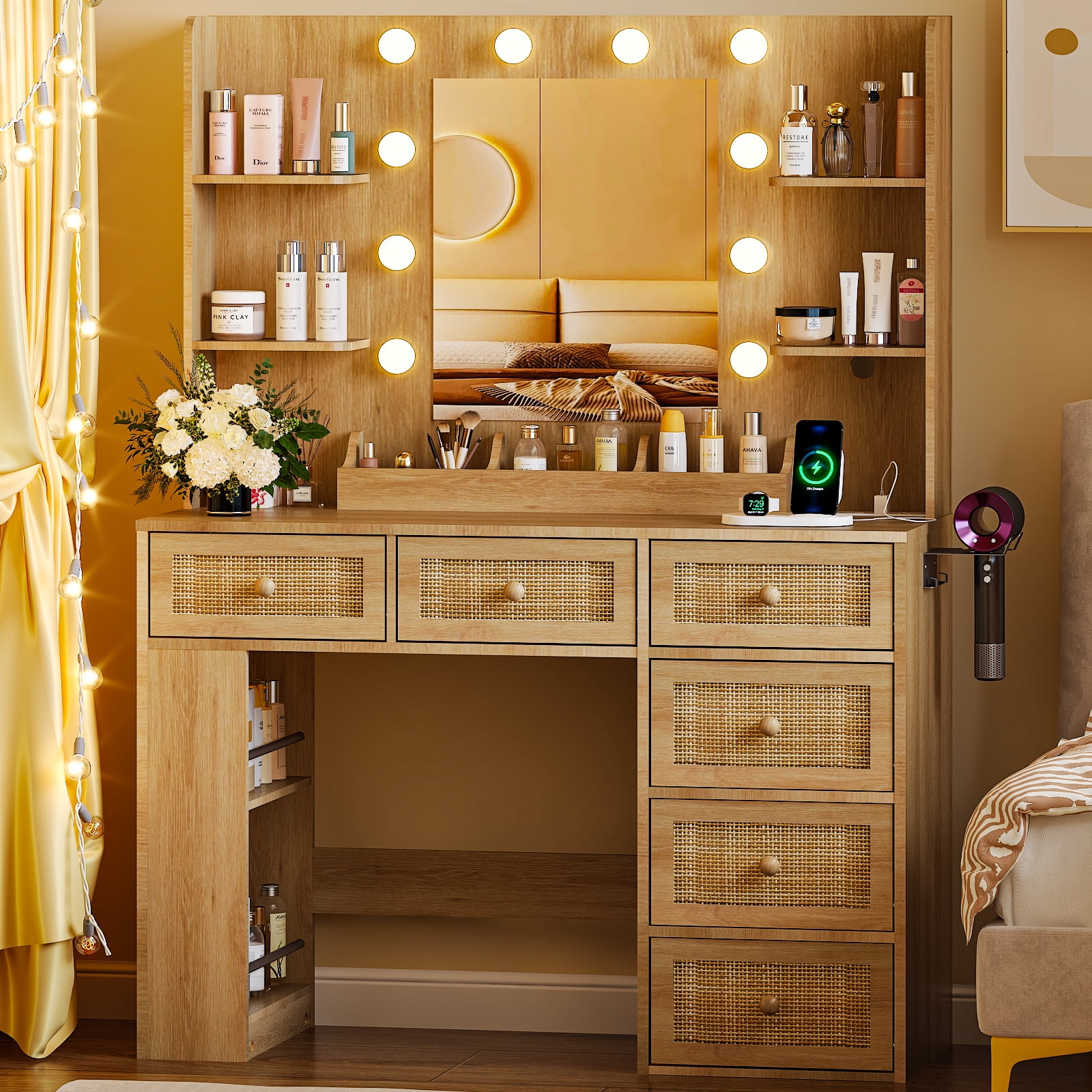 Ktaxon Lighted Makeup Vanity with 6 Drawers, Get Ready with Me Vanity Table Set w/ Charging Station, Side Rack, Wood Color