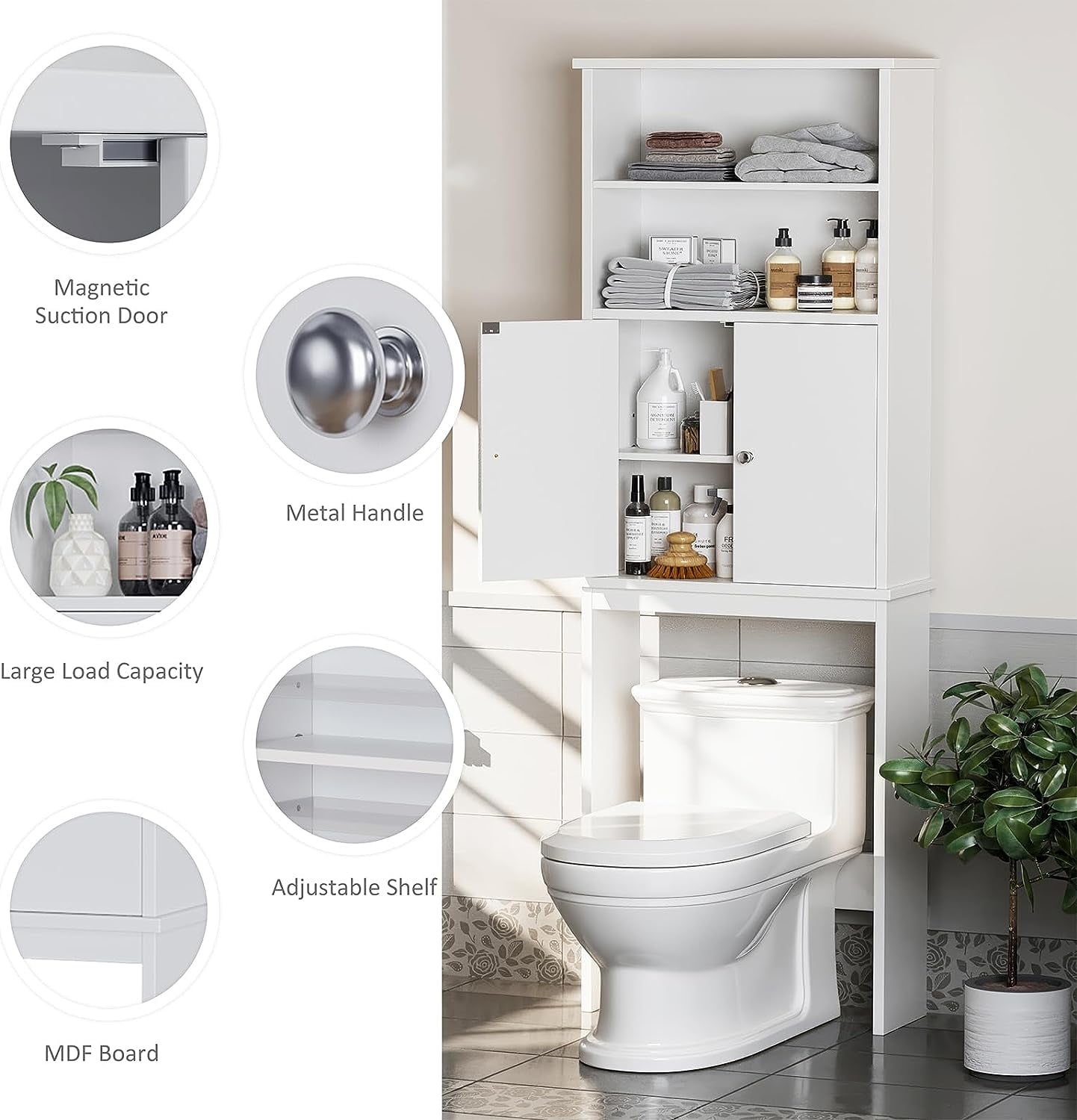 Sobaniilo Over The Toilet Storage Cabinet for Bathroom, Storage Organizer Over Toilet, Space Saver W/Adjustable Shelf & Open Storage Shelf, 75in, White