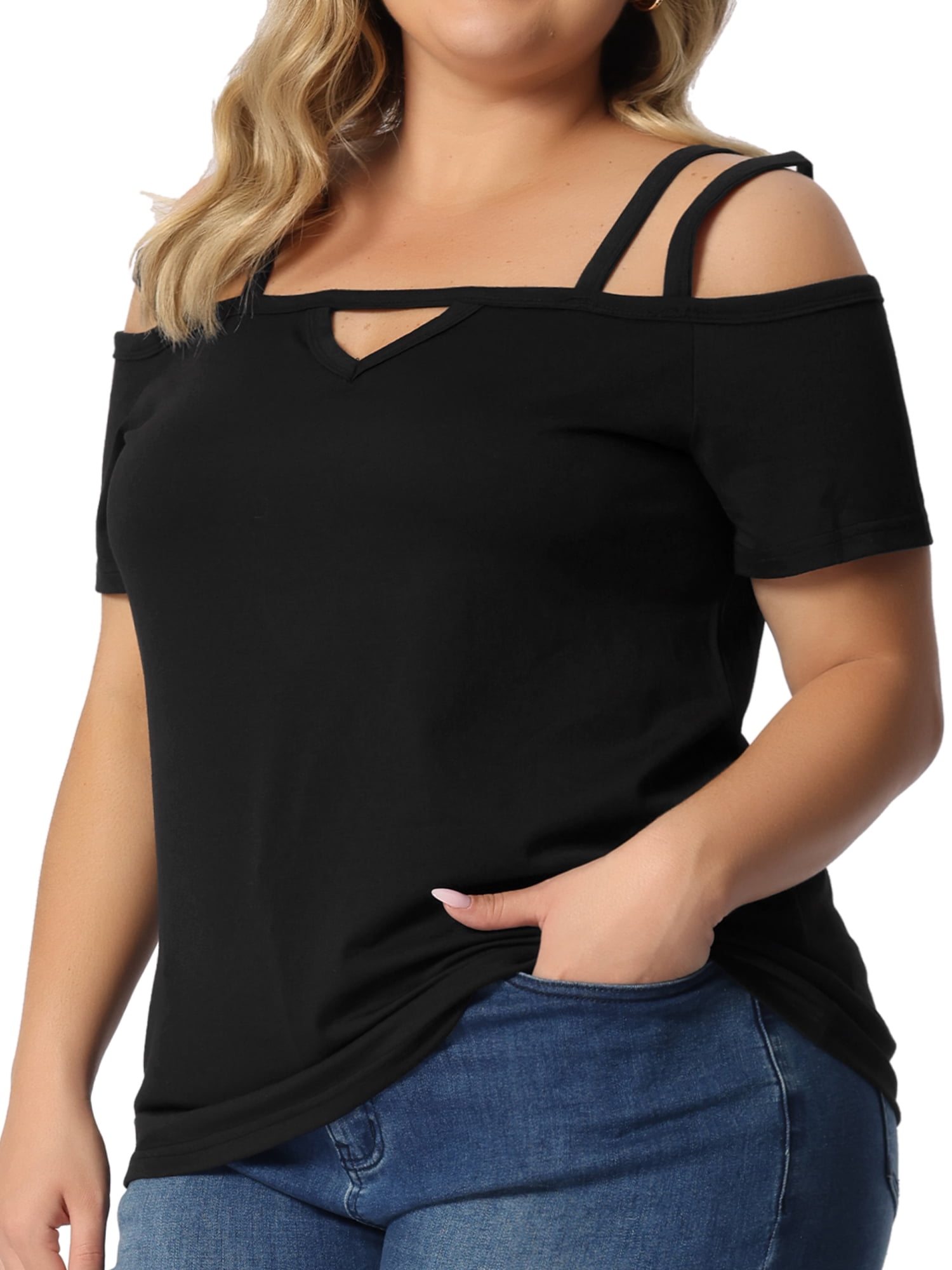 DARING DIVA Women's Plus Short Sleeve Cold Shoulder Tops Blouses Shirt 4X Black