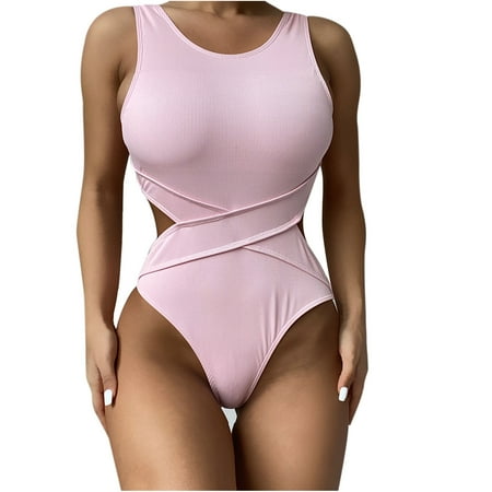 

VKEKIEO One-Piece Swimsuit Sport Bra Style Padded Pink M