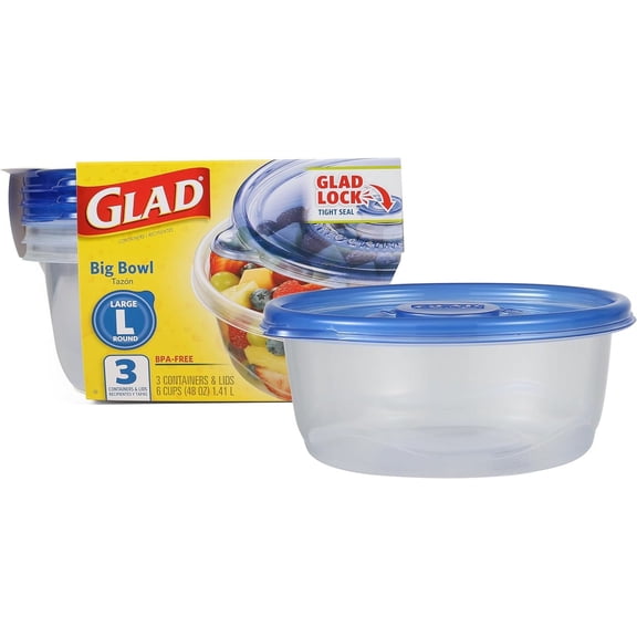 GladWare Big Bowl Food Storage Containers with Lids, Large Round No BPA Plastic Containers for Soups, Salads, and Meal Prep, Lock Tight Seal, Microwave Dishwasher Safe, 48 Oz, 3 Count