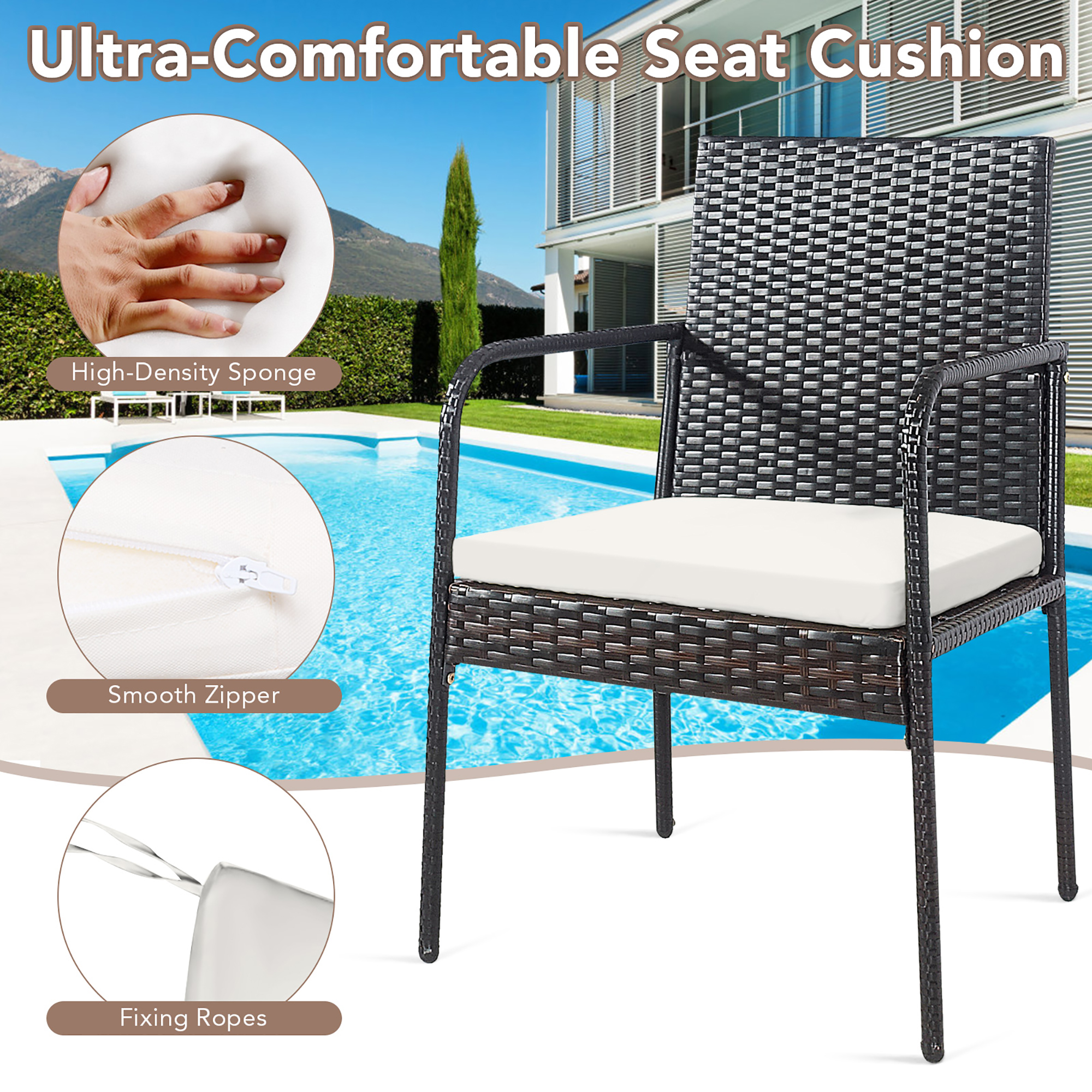 Gymax Set of 4 Rattan Wicker Dining Chairs Patio Outdoor w/ Cushion Armrest