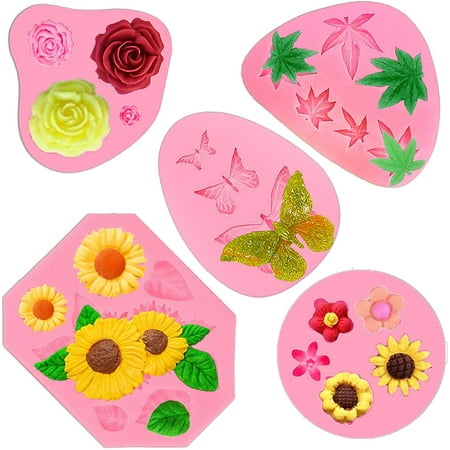

5 Pieces Fondant Molds Mini Butterfly Mold Flower Silicone Mold Leaf Mold Sunflower Candy Silicone Molds for Chocolate Fondant Polymer Clay Molds DIY Cake Decoration Candy Soap Wax Making