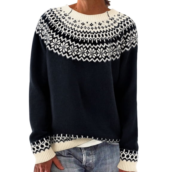 Gkeoshab Women'S Clothing Women's Fair Isle Color Block Crewneck Sweater, Cozy Oversized Pullover Knit with Pattern for a Vintage Inspired Fall and Winter Casual Outfit Blue L