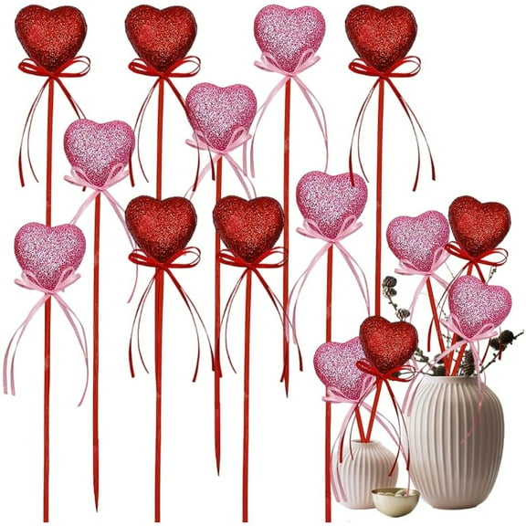 12 Pcs Glitter Heart Shaped Picks,Valentine's Day Love Bowknot Floral Sparkly Sticks,Valentines Floral Picks Puffy Heart Picks,Foam Sparkly Hearts Stems for Flowers Arrangements Party Crafts Decor