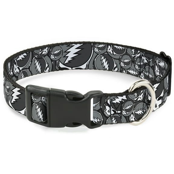 Grateful Dead Pet Collar, Dog Collar Plastic Buckle, Steal Your Face Stacked Gray, 7 to 8.5 Inches 0.5 Inch Wide
