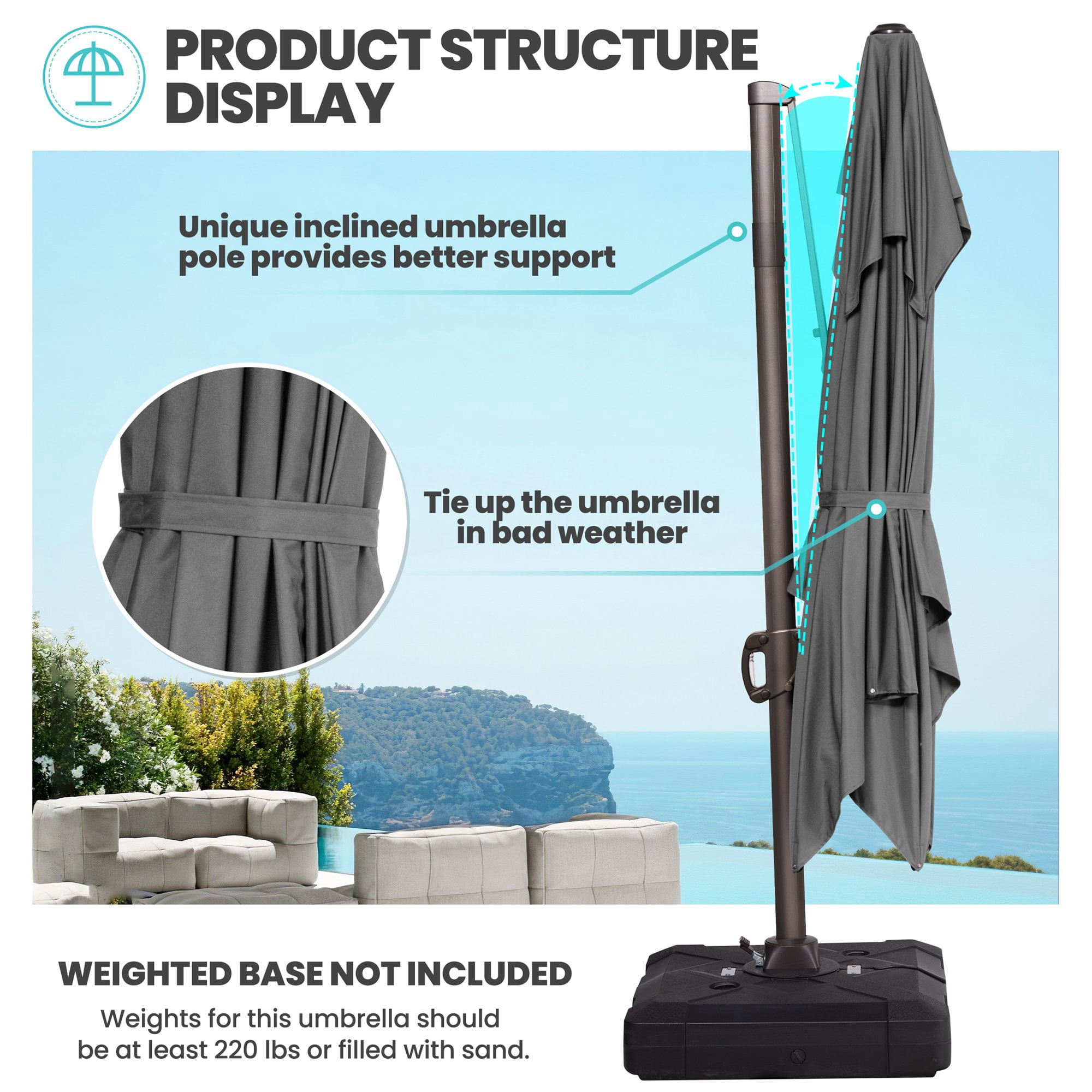 Pellebant 9 ft. x 12 ft. Rectangular Double Top Patio Cantilever Umbrella, Dark Gray