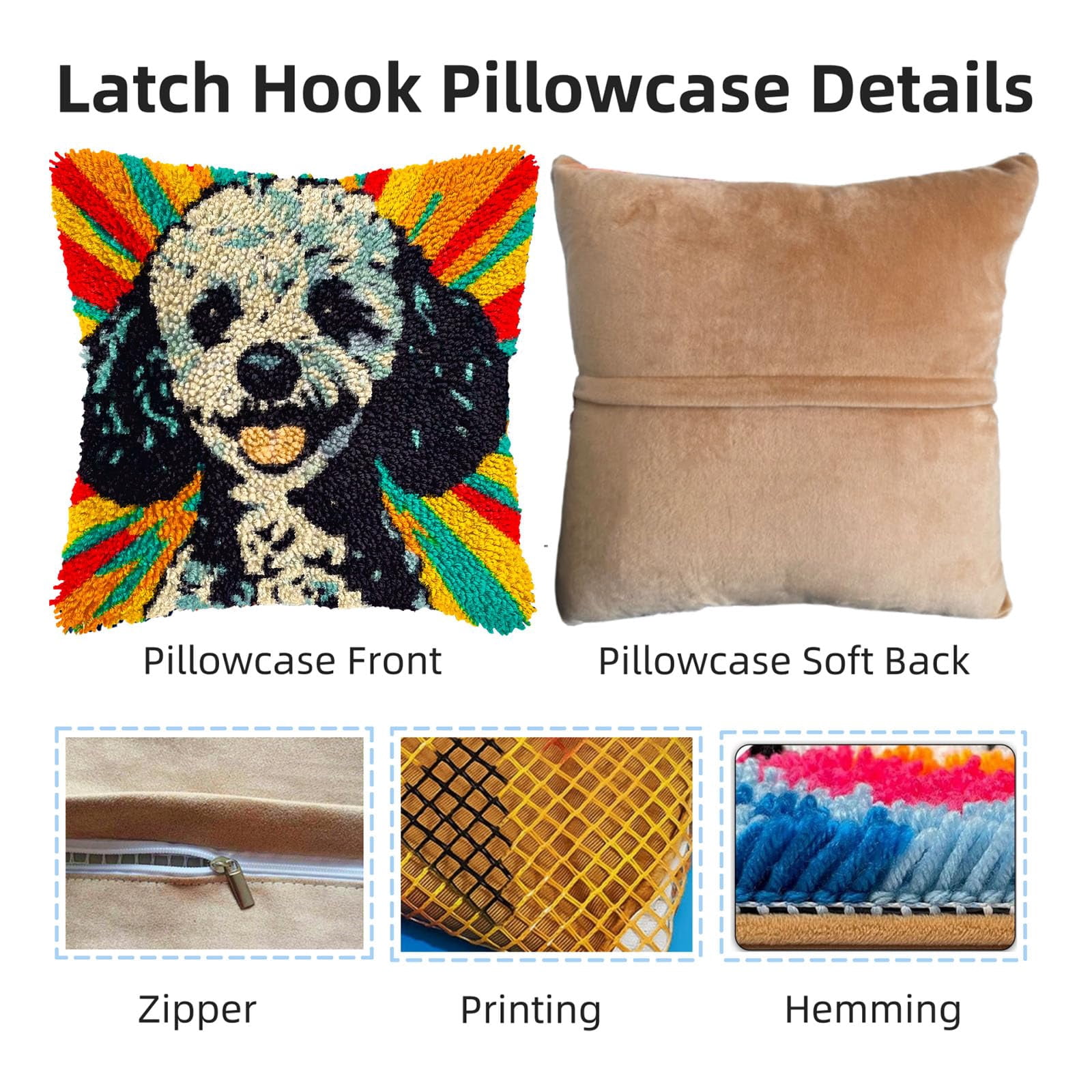 Cute Poodle Dog DIY Latch Hook Pillow Kits for Adults Printed Pillowcase Crochet Yarns Hooking Handmade Pillow Cover Cushion for Home Sofa Decoration 17x17inch
