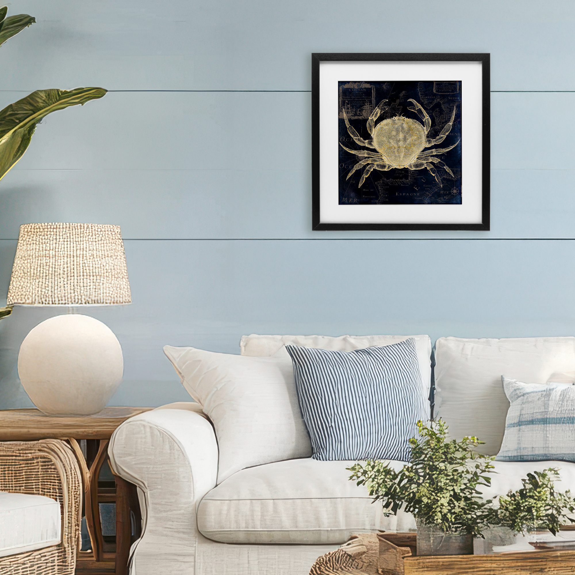 Crab Contour over Map Black Framed Print Under Glass, design by Sasha