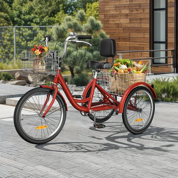 Wooflex 26" Adult Tricycle 7-Speed with Foldable Baskets and Comfort Backrest in Phantom Red