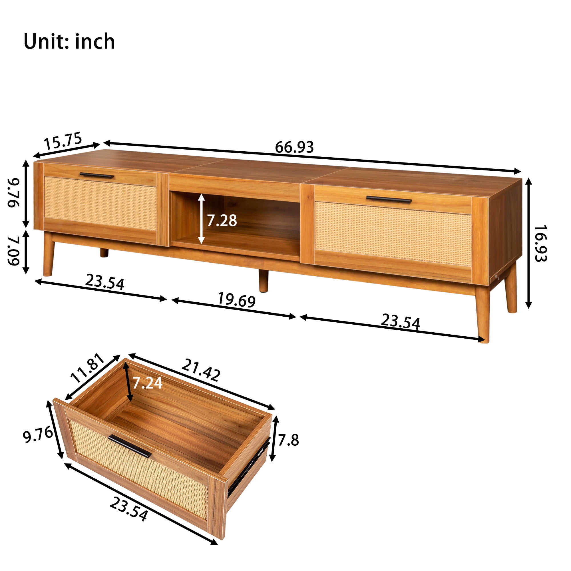 HIUU Natural Wood TV Stand with Drawers,Extendable Center Top 67 inches