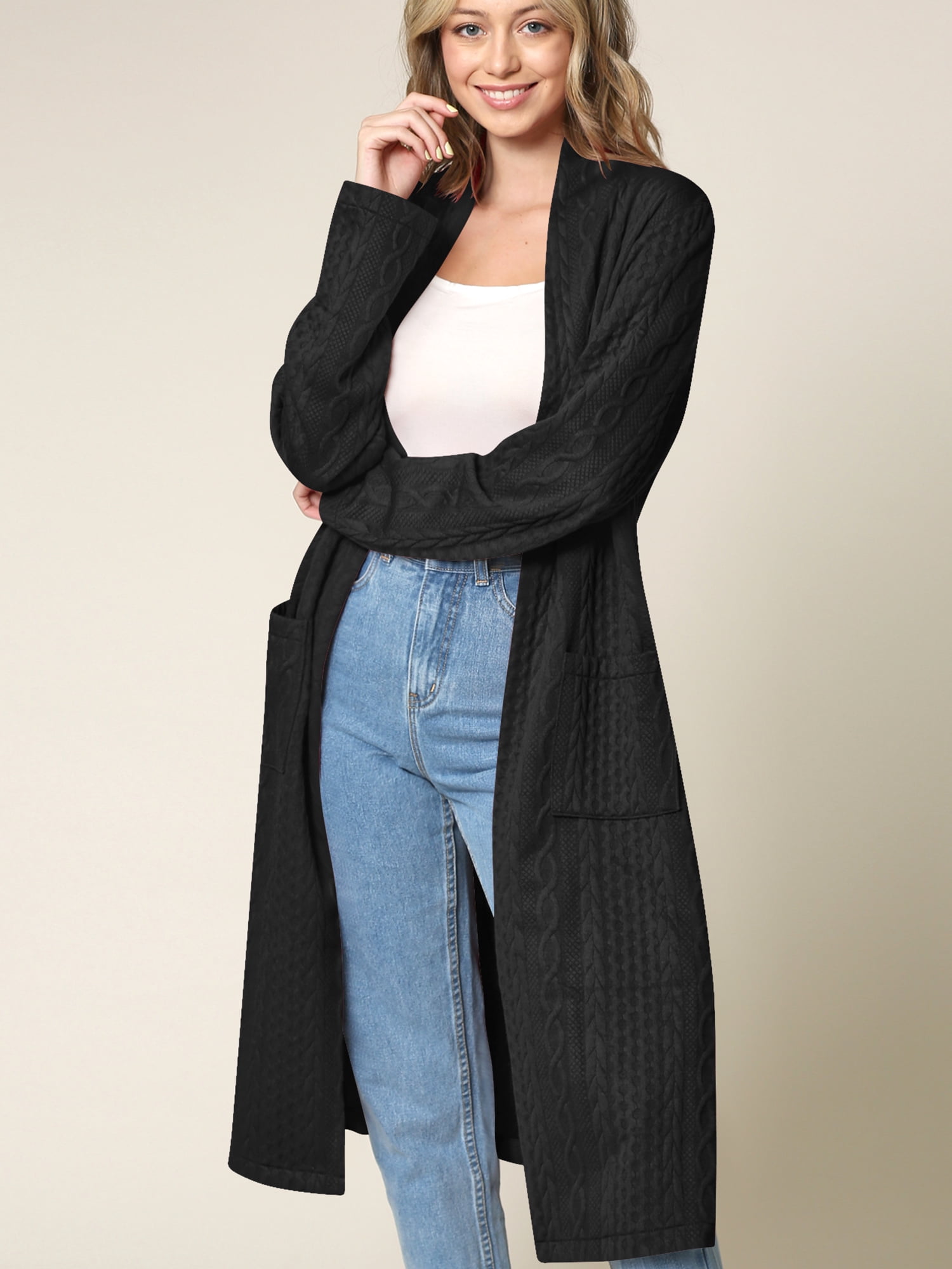 Made By Johnny Women's Cozy Braided Open Front Cardigan - Long Pocket Sweater For Casual Wear