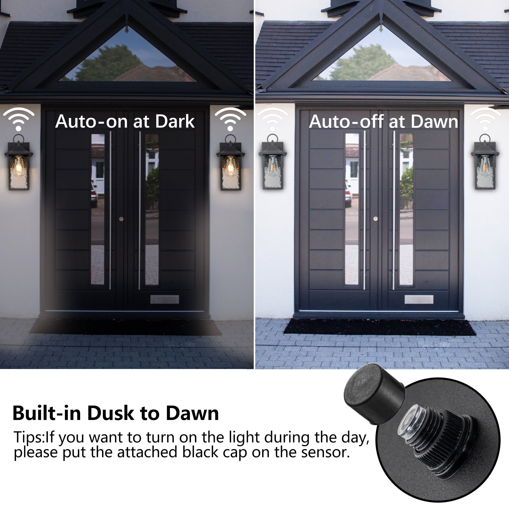 Dusk to Dawn Outdoor Wall Light with GFCI outlet, Hammer Glass