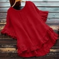 thumbnail image 6 of MIXUE Womens Summer Tops Summer Solid Color Linen Loose Fit Ruffled Round Neck Short Sleeve Button Up Pullover Tee Shirts Activewear,Red,XL, 6 of 9