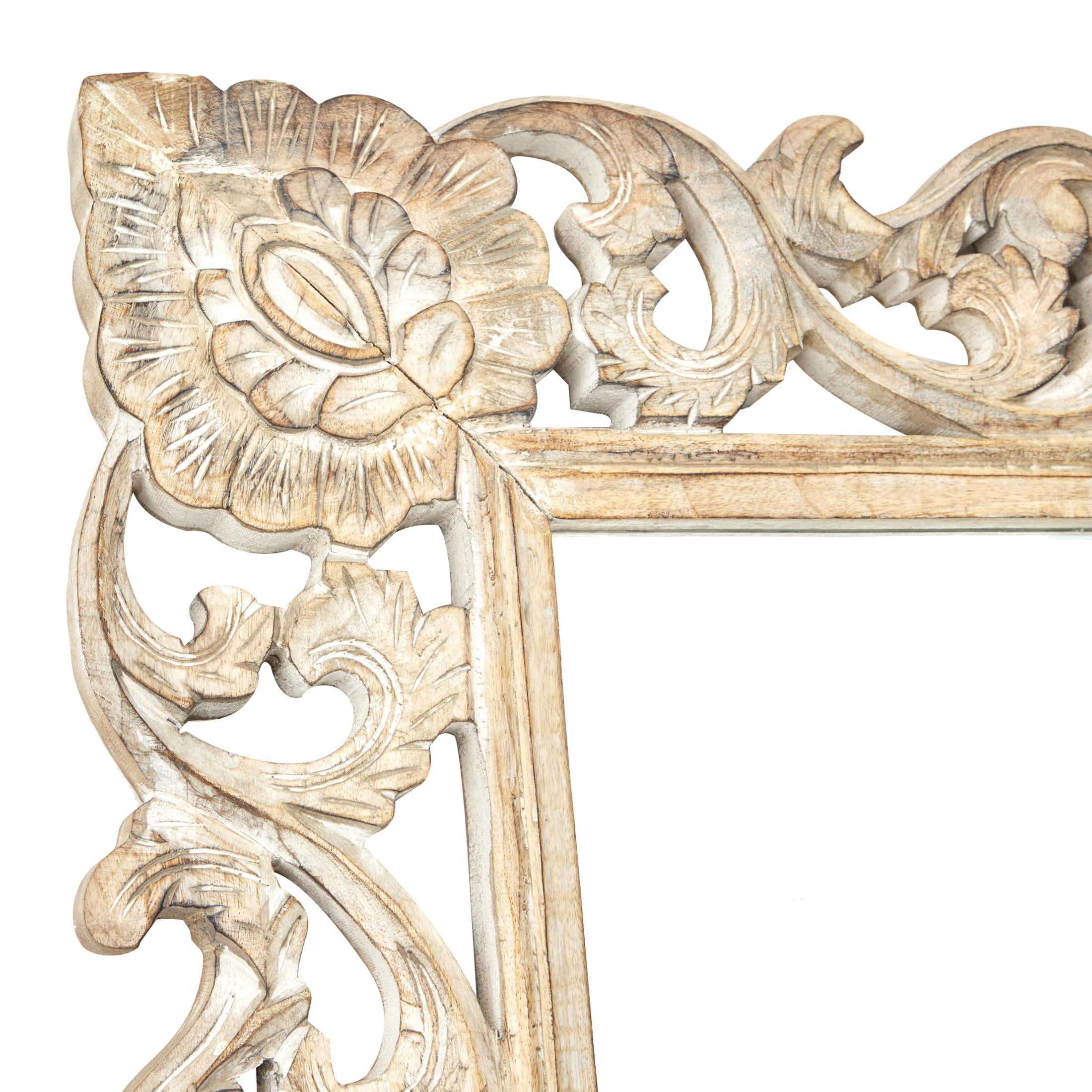 DecMode 36" x 72" Light Brown Washed Carved Scroll Wall Mirror