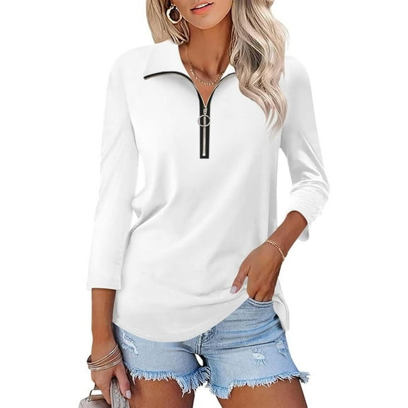 Women's 3/4 Sleeve V Neck Zippered Solid Collar Shirt Sweatshirt High Low Shirt 3x Glitter Shirt Shirts with Lace for Women Women's Tunic Blouses Long Tops for Leggings Low Back plus Tunic Oversized