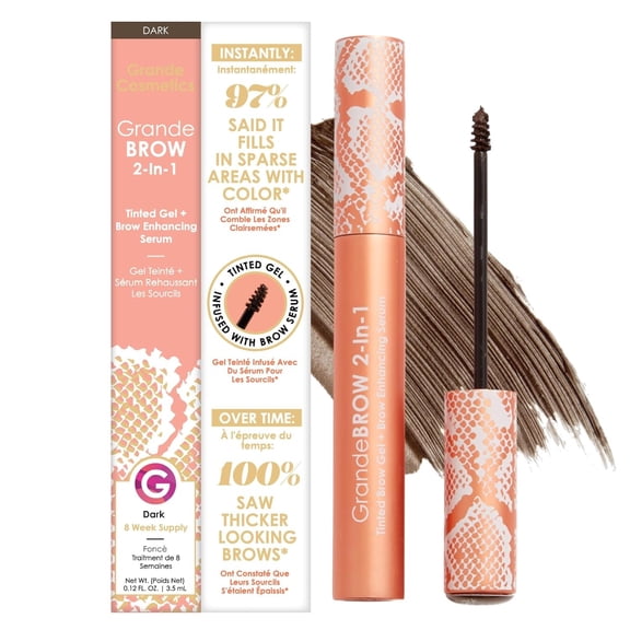 Grande Cosmetics GrandeBROW 2-in-1 Tinted Brow Gel Brow Enhancing Serum, Dark