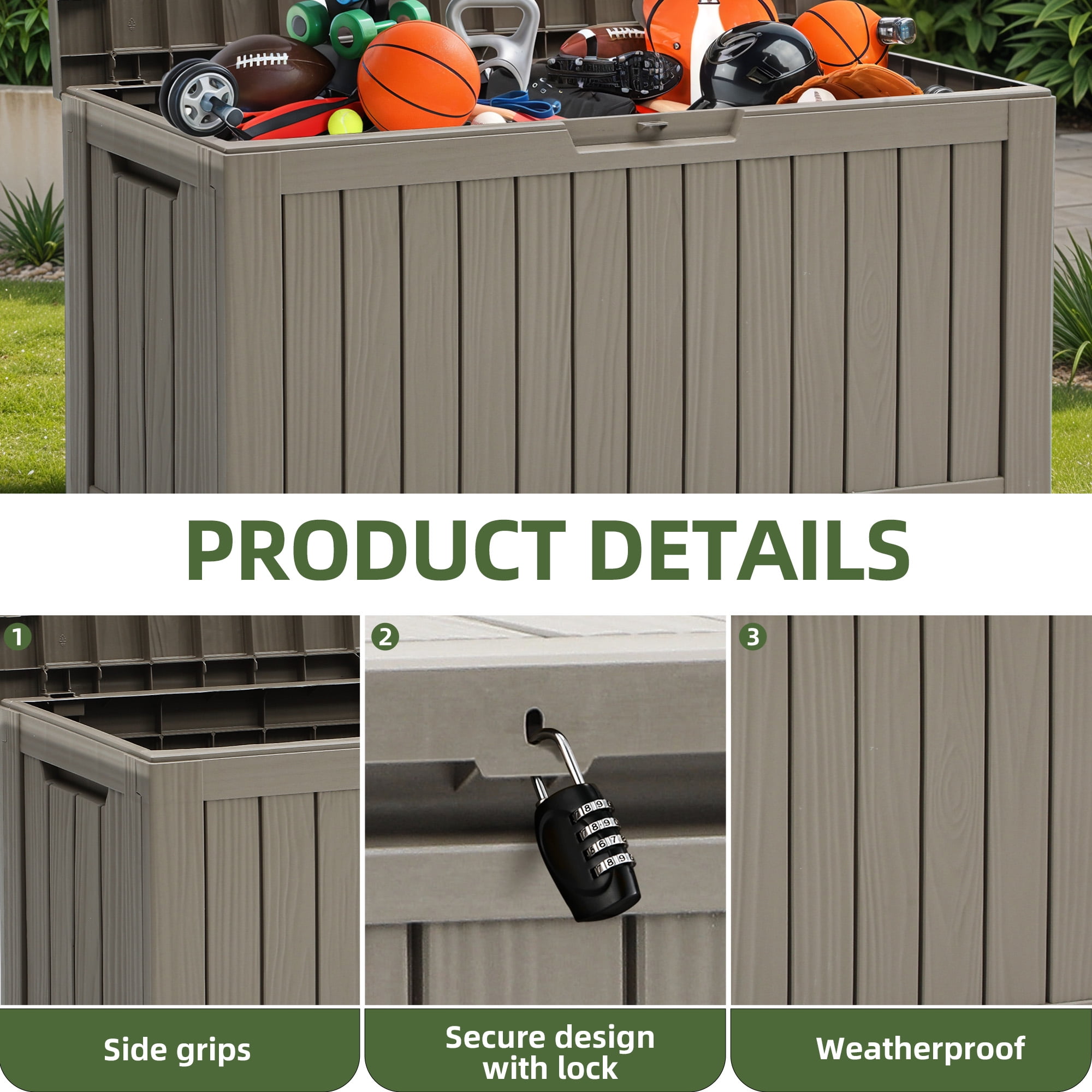 Uforic 72 Gallon Outdoor Resin Deck Box,Waterproof & Lockable Storage Box for Garden Patio, Light Brown