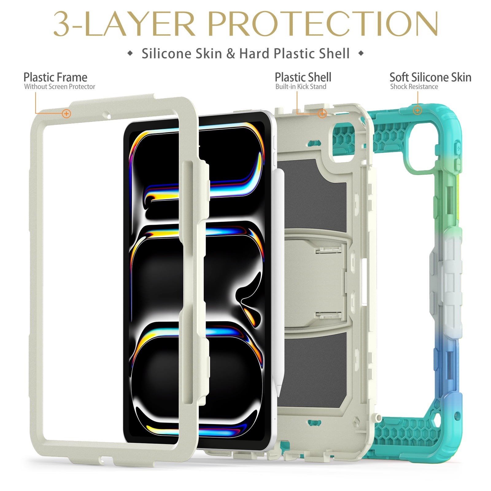 Rugged Case For Apple iPad Pro 11 (2024) – 3-Layer Protection Shockproof Stand Cover with Screen Protector, Adjustable Stand, Shoulder Strap, & Pencil Holder -- Colorful Blue