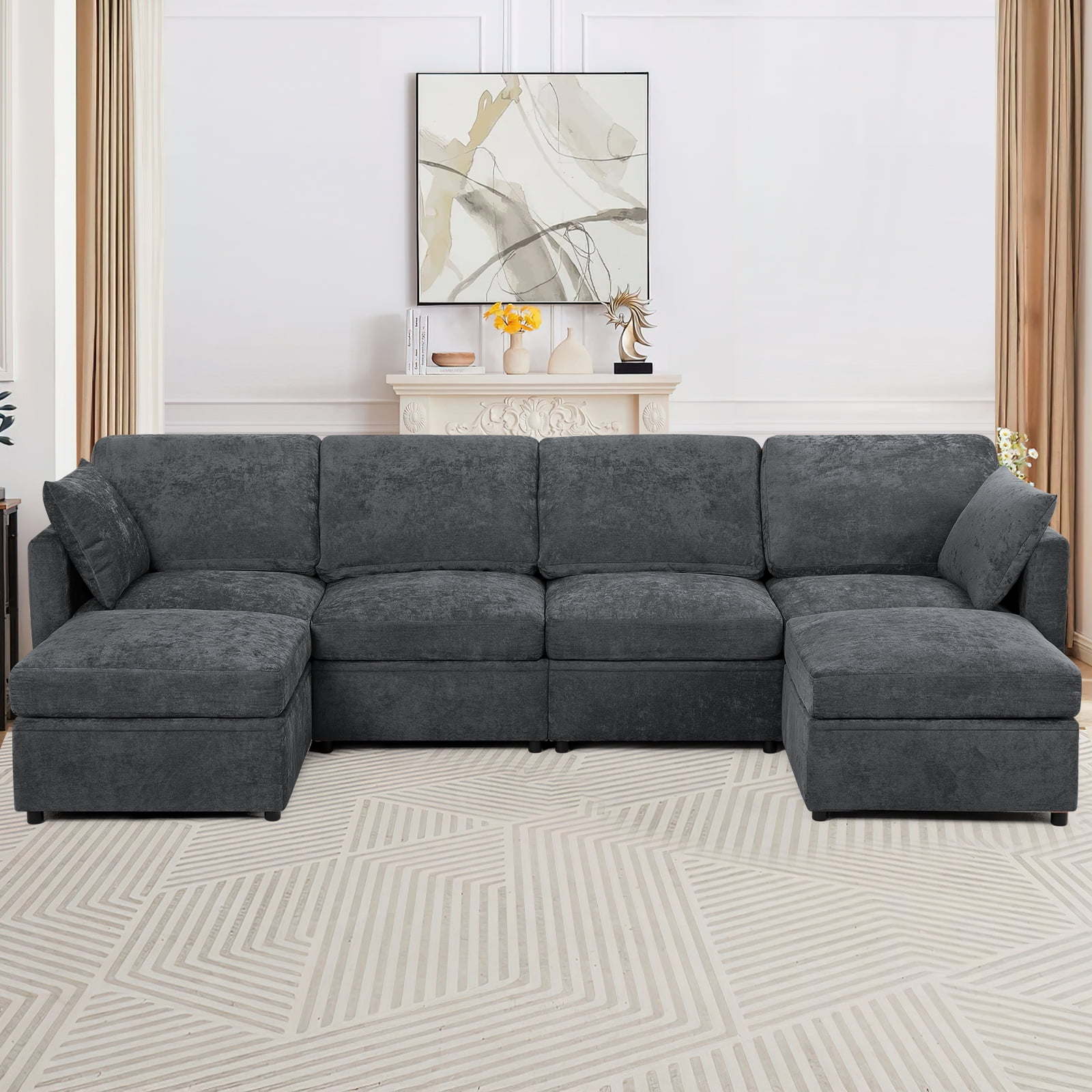 ACMEASE 110” Chenille 4 Seats Sofa W/2 Movable Ottoman, Modern Fabric U-Shaped Couch with Soft Backrest, Upholstered Sectional Sofa with Armrest Pillows for Living Room, Office, Gray