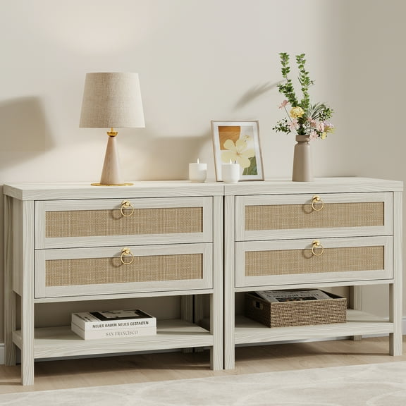 Boho Rattan Nightstand with 2 Drawers & 1 Shelf, Nightstand Set of 2