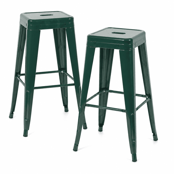 30 Inch Backless Metal Bar Stools, Set of 2, Green, Carry Hole and Four-Sided Footrest