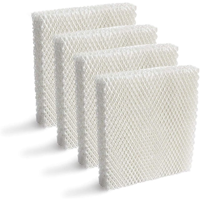4Pcs HFT600 humidifier T-type filters with wick, compatible with Honeywell Tower HEV615 and HEV620 humidifiers. Designed for air purification, these filters feature a honeycomb structure made of professional filter paper for optimal moisture absorption and performance. Ideal for capturing minerals and contaminants to prevent white dust. Includes four white filters displayed in a front-facing view.