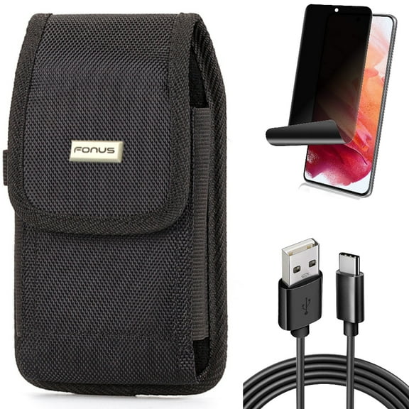 Case Belt Clip w 6ft USB Cable w Privacy Screen Protector for Samsung Galaxy S21 Plus - Rugged Holster, Type-C Charger Cord, TPU Film Fingerprint Works Accessory Bundle