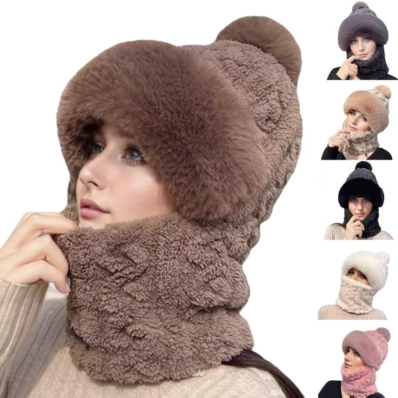 3 in 1 Beanie Hat with Scarf and Mask, Women's Outdoors Windproof Scarf Hat, Knitted Ski Mask Set Coffee L