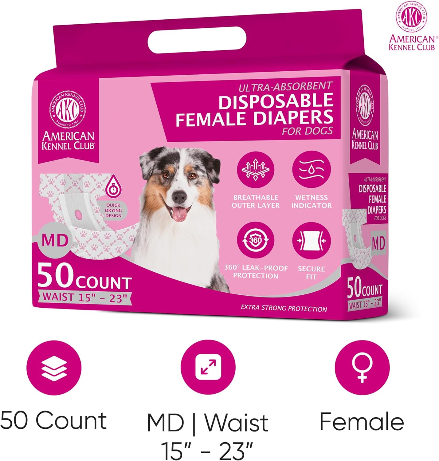 American Kennel Club Female Dog Wrap, Disposable Diapers with Wetness Indicator, Medium, 50 Count