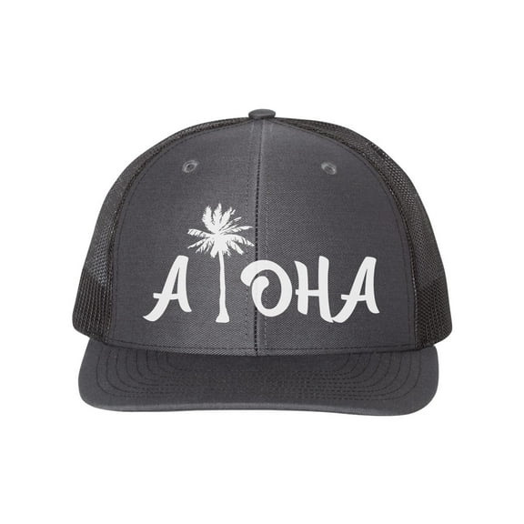 Aloha Hat, Aloha Palm Tree, Palm Tree Hat, Hawaiian Hat, Palmtree Snapback, Trucker Hat, Vacation Hat, 10 Different Colors, White Text, Charcoal/Black