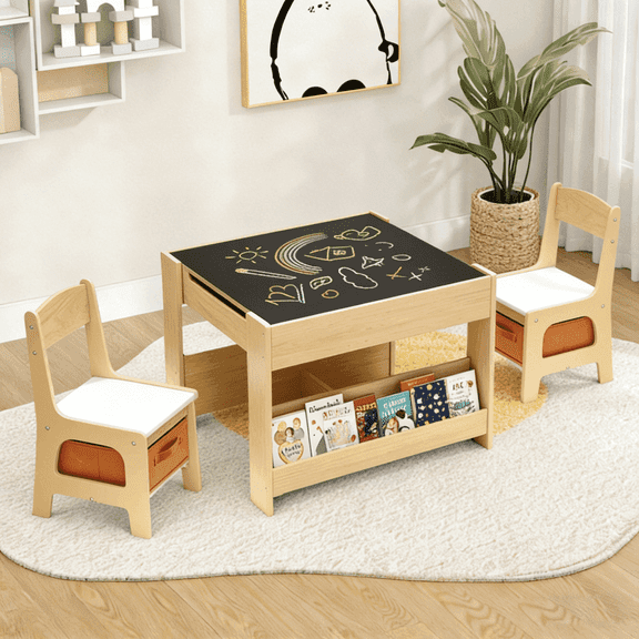 Arlopu Kids Table & 2 Chairs Set, 4 in 1 Toddler Wooden Activity Table with Storage Drawer, Blackboard, Reversible & Detachable Tabletop, Bookshelf for Drawing Learning