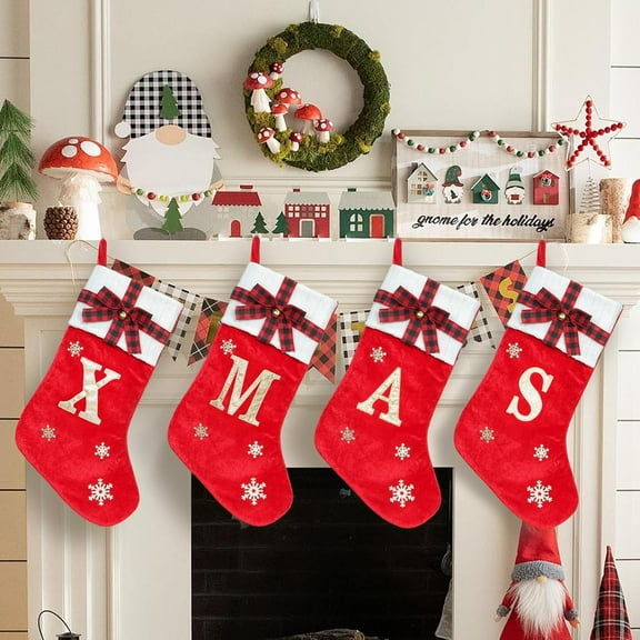 1Pack Monogrammed Christmas Stocking with Initials, 20 Inches Red Velvet Large Personalized Christmas Stocking with Embroidered Letter and Bow Knitted Cuff Xmas Family Stockings Christmas