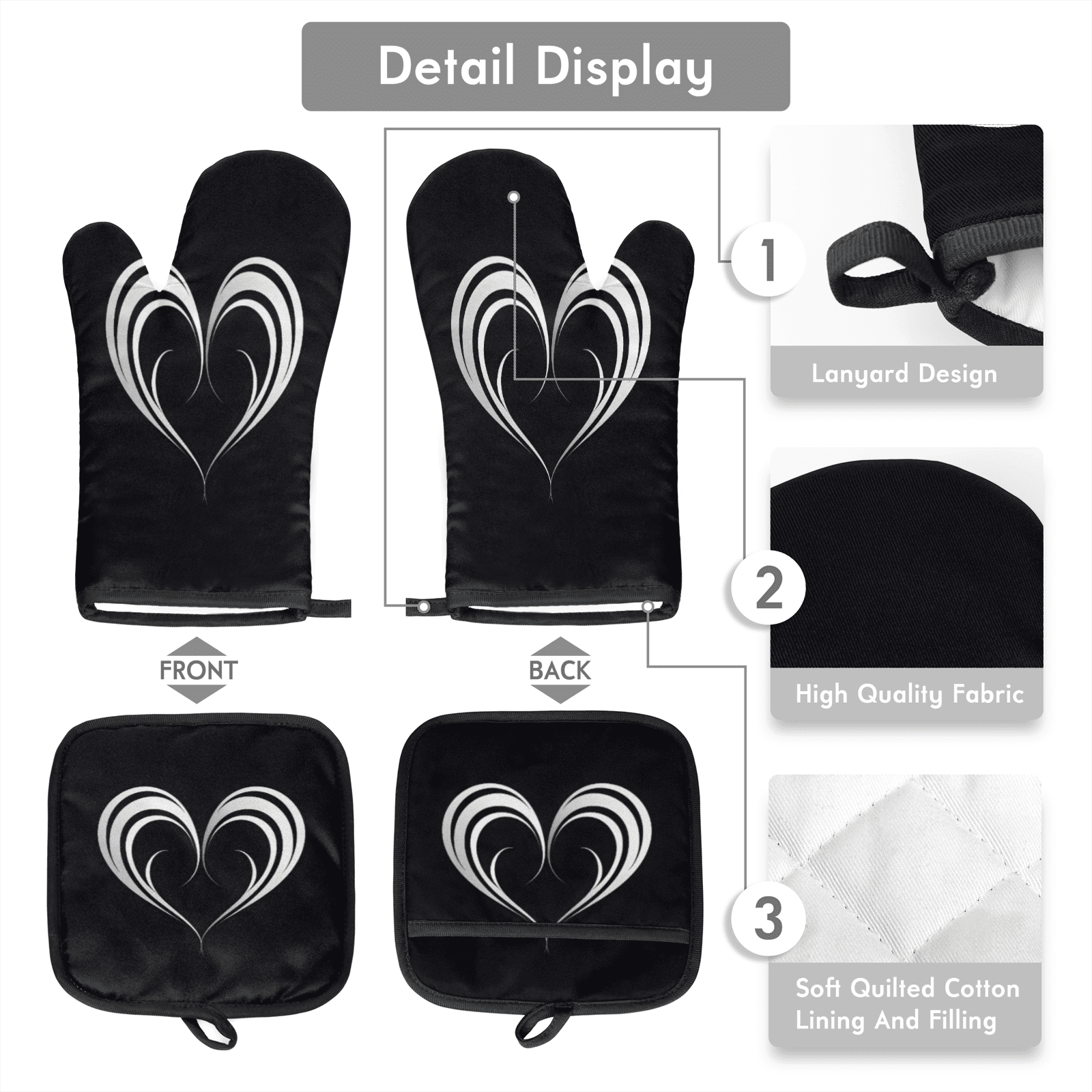 CURLYOOT Black And White Heart Oven Mitts and Pot Holders Sets of 2, Non-Slip Washable Hot Pads and Oven Gloves for Kitchen Cooking Baking